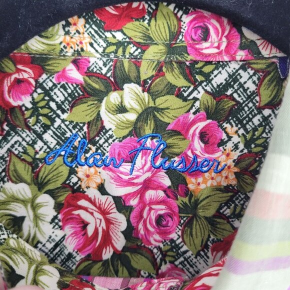 Alan Flusser mens medium green stripe floral contrast cuff button down shirt - Picture 4 of 10